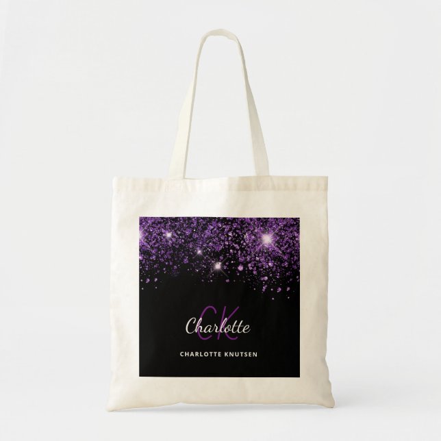 Schwarze violette Glitter-Monogramm-Initialen Tragetasche (Vorne)