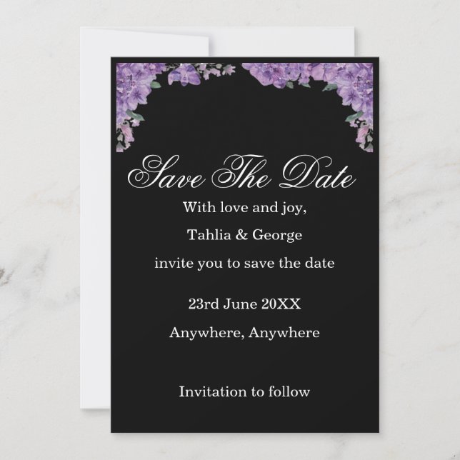 Schwarze & violette Jacaranda-Blüten Save-the-Date Einladung (Vorderseite)