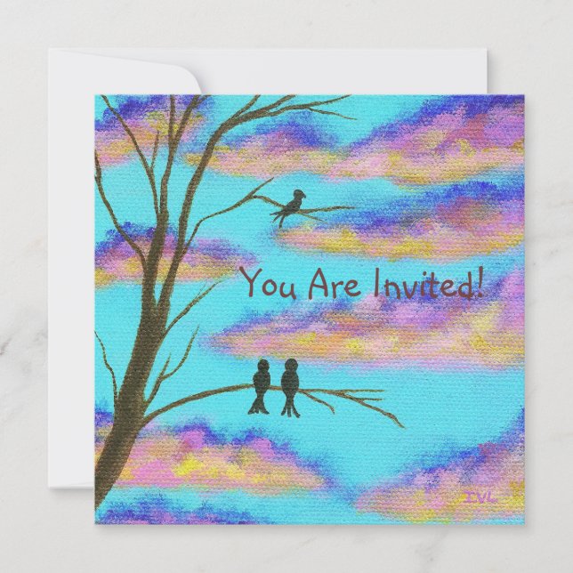 Schwarze Vögel auf Ast-bunter Wolken-Himmel-Kunst Einladung (Vorderseite)