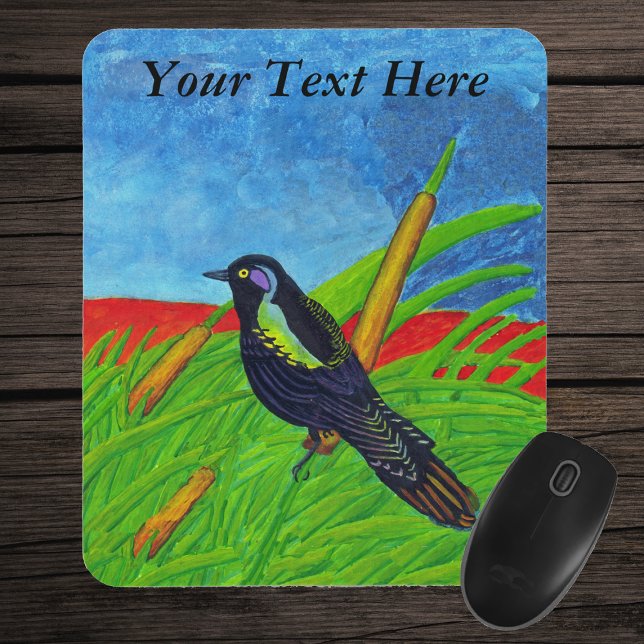 Schwarze Vogelmousepad Mousepad (Colourful bird sitting in tall grass with yellow reed plants blue sky on mousepad.)