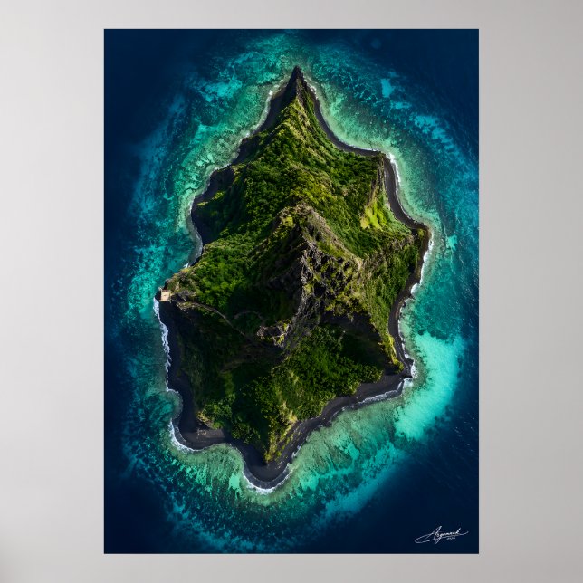 Schwarze Vulkaninsel in Satellitenansicht Poster (Vorne)