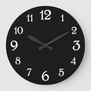 Schwarze Wanduhr mit weißen Zahlen im Stil einer V