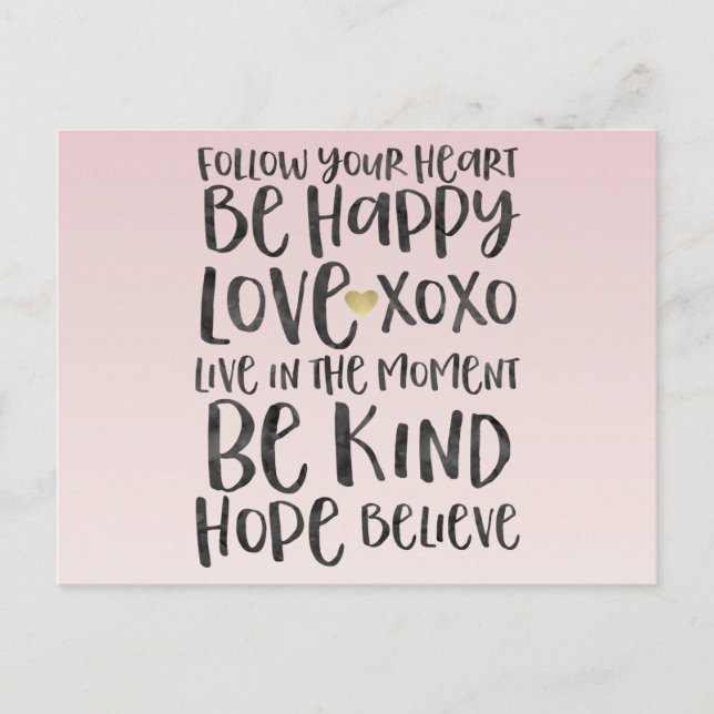 Schwarze Wasserfarbe Inspirative Worte Gold Herz Postkarte (Vorderseite)