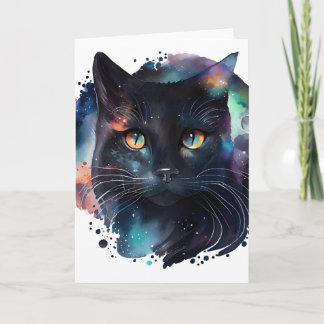 Schwarze Wasserfarbe Kosmische Katze Karte