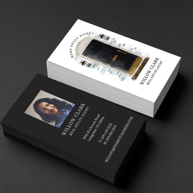 Schwarze Wasserfarbenfront Tür Real Anwesen Agent Visitenkarte (Von Creator hochgeladen)