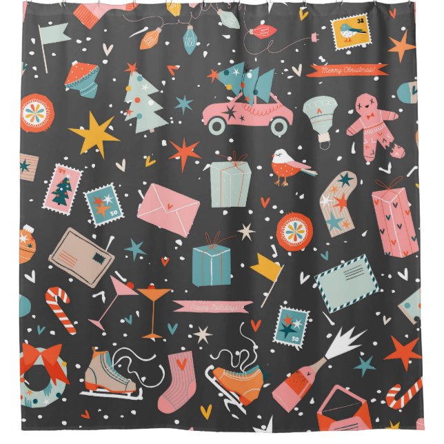 Schwarze Weihnachten: verziertes Vintages Muster. Duschvorhang (Vorderseite)