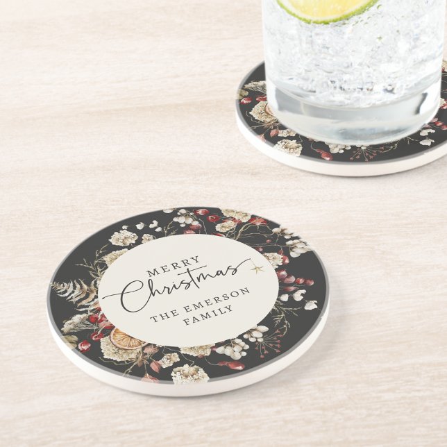 Schwarze Weihnachts-Unterlage Getränkeuntersetzer (Black Botanical Christmas Holiday Coasters
)
