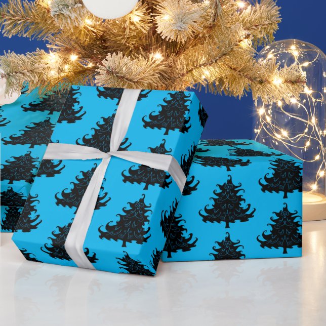 Schwarze Weihnachtsbaumen Muster Blau Geschenkpapier (Feiertage)