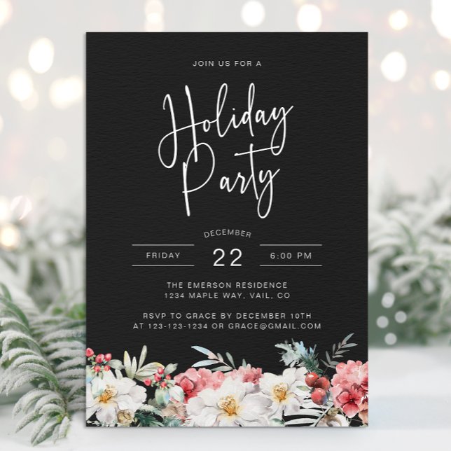 Schwarze Weihnachtsfeier Einladung (Elegant Black Holiday Party Invitation Watercolor Botanical Floral Berries)
