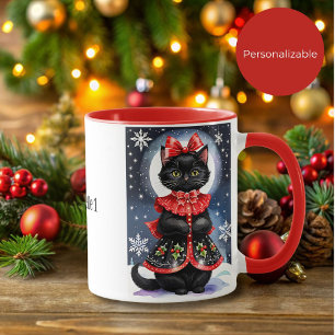 Schwarze Weihnachtskatze in Holly Outfit Tasse