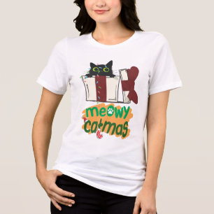 Schwarze Weihnachtskatze in Weihnachtsbaumleuchten Tri-Blend Shirt
