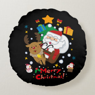 Schwarze Weihnachtsmann-Rentier-Frohe-Weihnachten- Rundes Kissen