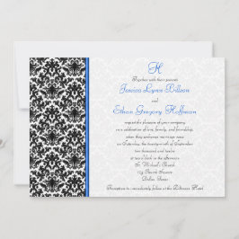 Schwarze, weiße, blaue Damast Hochzeitseinladung Einladung