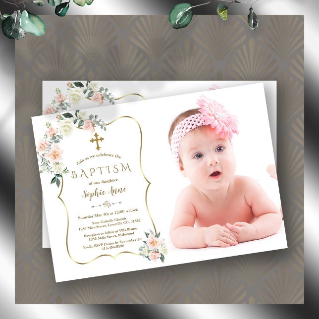 Schwarze weiße Blume Goldrahmen Foto Taufe Einladung (white pink flowers baptism, trendy floral gold girl photo baptism, blush white floral photo baptism)