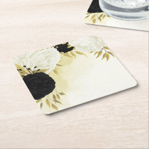 schwarze weiße Blumen goldene Blätter Hochzeit Rechteckiger Pappuntersetzer