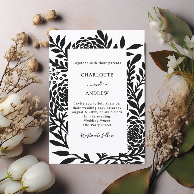 Schwarze weiße botanische moderne Hochzeit Einladung (Von Creator hochgeladen)