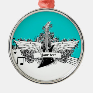 Schwarze weiße E-Gitarre mit Flügel-Ornament Ornament Aus Metall