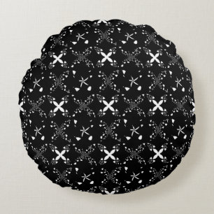 Schwarze, weiße, elegante Abstrakte Blume Rundes Kissen