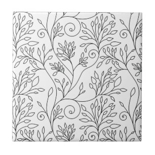 Schwarze weiße Linienkunst Reben Floralmuster Fliese