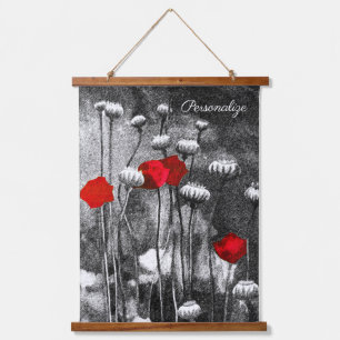 Schwarze Weiße Mohnblumen Rote Blumen Dunkle Flora Wandteppich Mit Holzrahmen
