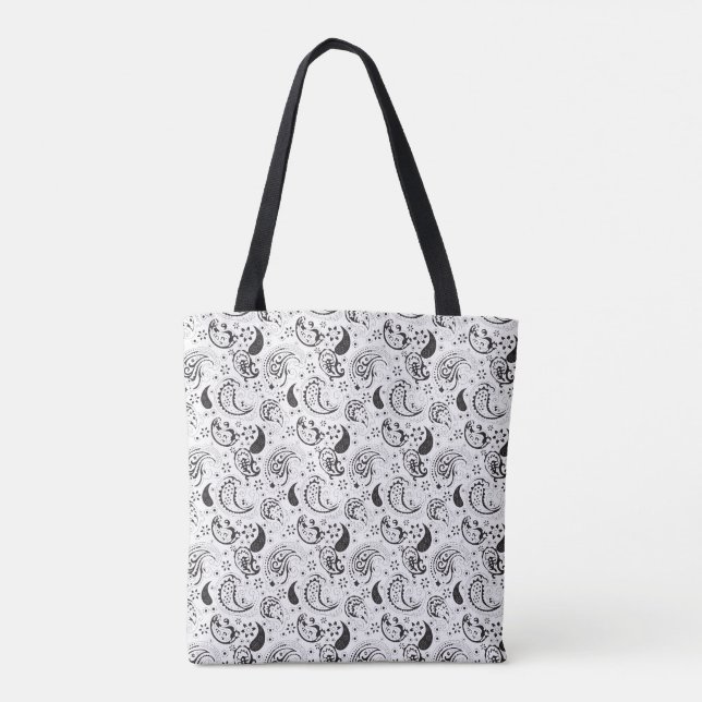 Schwarze weiße Paisley-Designertasche (Rückseite)