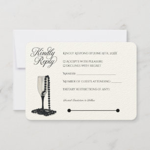 Schwarze & Weiße Perlen Champagnerglas Hochzeit RSVP Karte