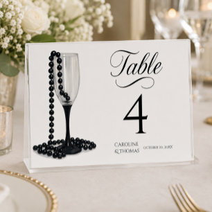 Schwarze & Weiße Perlen Champagnerglas Hochzeit Tischnummer