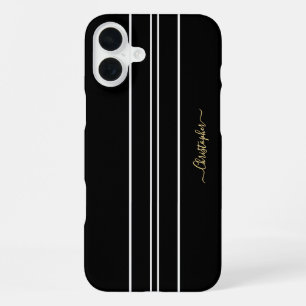 Schwarze Weiße Rennstreifen Chic Gold Monogramm iPhone 16 Plus Hülle