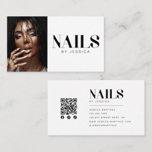 Schwarze Weiße Stylische Foto-QR-Code-Nagelsalon Visitenkarte