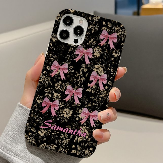 Schwarze weiße Toile rosa Kokette Bögen Monogramm Case-Mate iPhone Hülle (Von Creator hochgeladen)