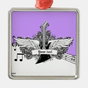 Schwarze weiße violette E-Gitarre mit Flügeln Silbernes Ornament
