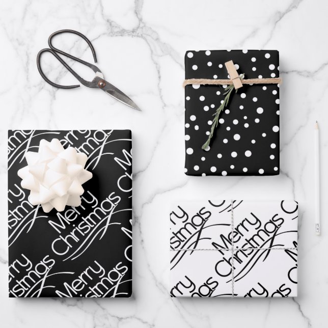 Schwarze, weiße Weihnachtstypografie und Weihnacht Geschenkpapier Set (Vorderseite)
