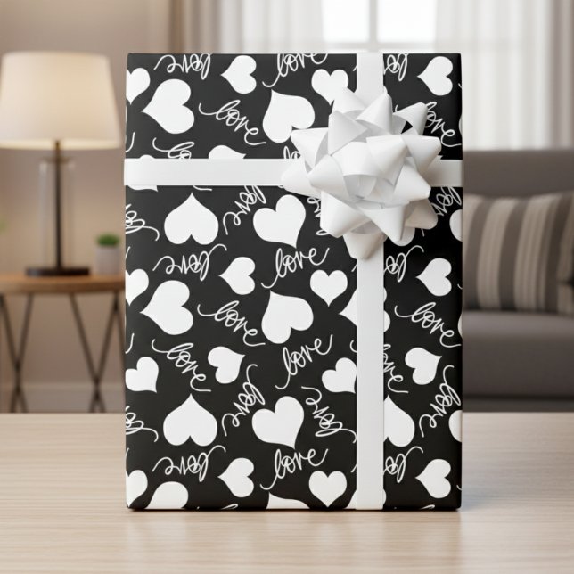 Schwarze & Weiße Whimsical-Kursivschrift Liebe & H Geschenkpapier (Black & White Whimsical Cursive Love & Hearts Wrapping Paper)