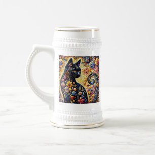 Schwarze Whimsikkatze Abstrakte Blumenmalerei Kuns Bierglas