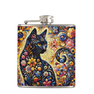Schwarze Whimsikkatze Abstrakte Blumenmalerei Kuns Flachmann