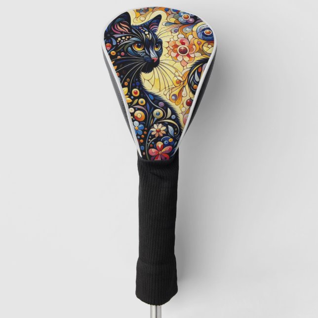 Schwarze Whimsikkatze Abstrakte Blumenmalerei Kuns Golf Headcover (Vorderseite)