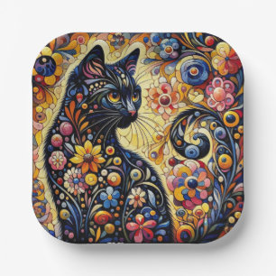Schwarze Whimsikkatze Abstrakte Blumenmalerei Kuns Pappteller
