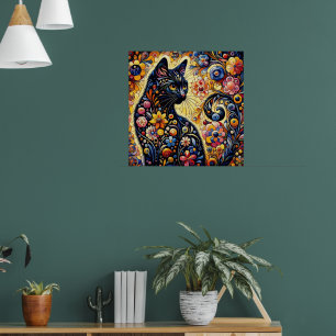 Schwarze Whimsikkatze Abstrakte Blumenmalerei Kuns Poster