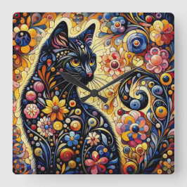 Schwarze Whimsikkatze Abstrakte Blumenmalerei Kuns Quadratische Wanduhr