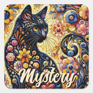 Schwarze Whimsikkatze Abstrakte Blumenmalerei Kuns Quadratischer Aufkleber
