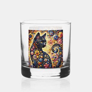 Schwarze Whimsikkatze Abstrakte Blumenmalerei Kuns Whiskyglas