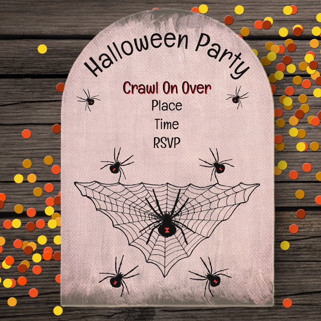 Schwarze Widow Spiders Web Red Tinge Acryleinladungen (Creepy black widow spiders triangular black web on rustic look red tinged Halloween Party invitation)