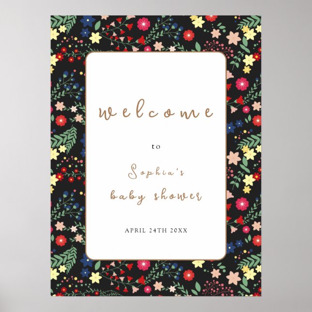 Schwarze Wildblume Frame Baby Dusche Willkommen Poster (Vorne)