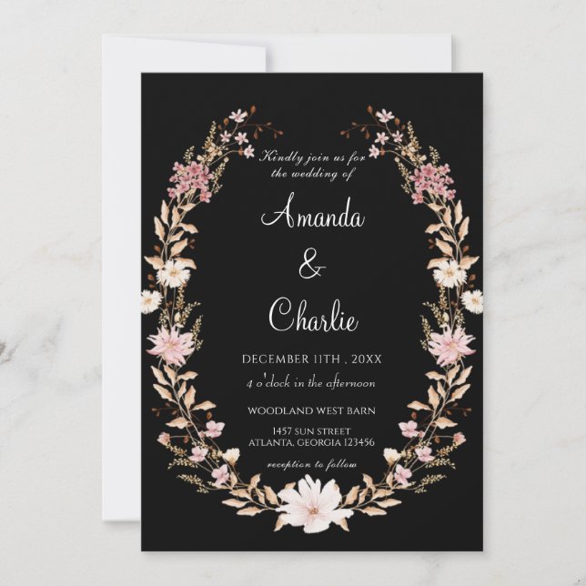 Schwarze Wildblume Hochzeit Einladung (Vorderseite)