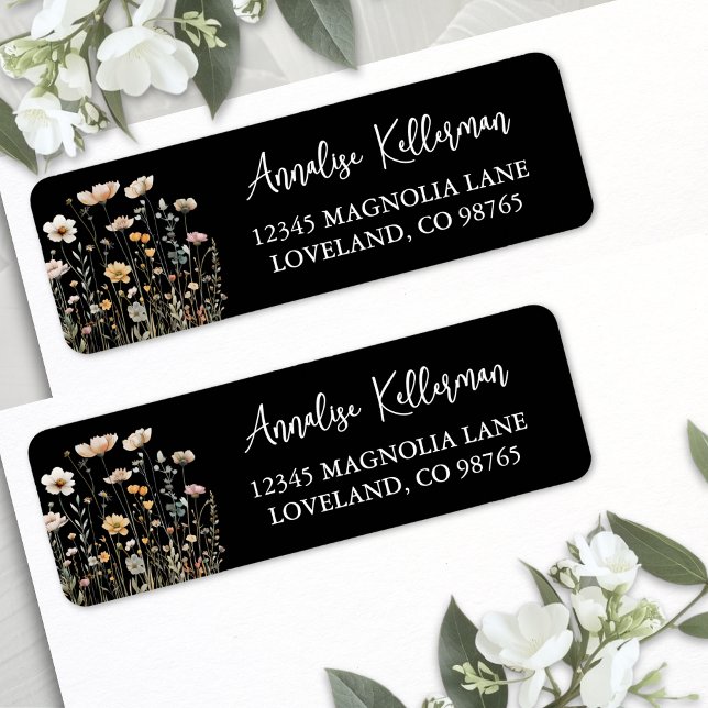 Schwarze Wildblumen-Blumen-Rücksendeadresse (Black Wildflower Floral Return Address Label )