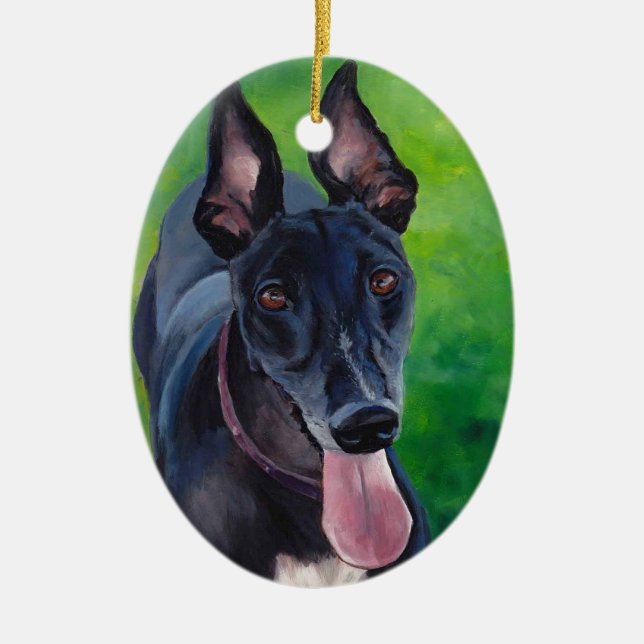Schwarze Windhund-Hundekunst-Verzierung Keramik Ornament (Vorne)