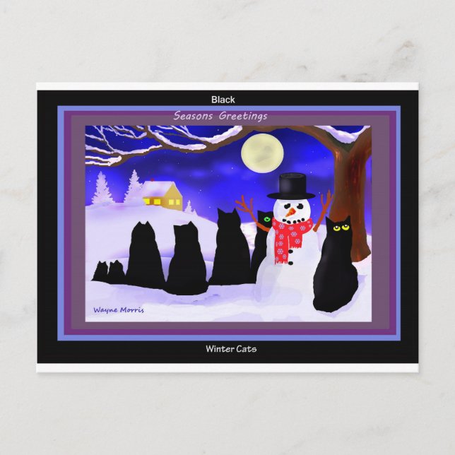 Schwarze Winterkatzen Weihnachtskarten Feiertagspostkarte (Vorderseite)