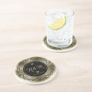 Schwarze Wirbel auf Goldhochzeit-Monogramm Getränkeuntersetzer