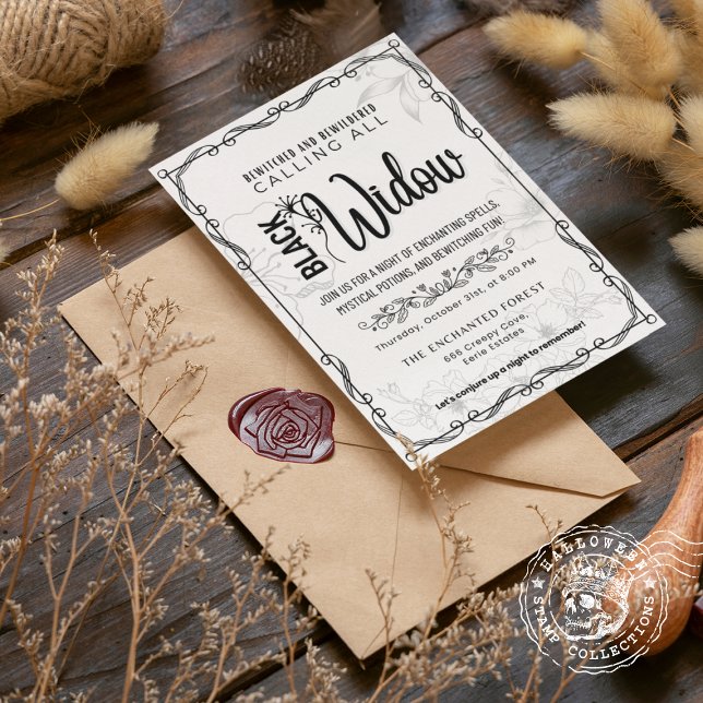 Schwarze Witwe verwittert und verwildert Schwarz & Einladung (Black Widow Bewitched and Bewildered Black & White Invitation cover from The Beekeeper Store)