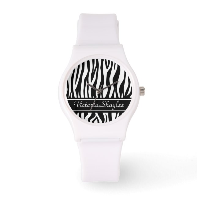 Schwarze Zebra-Print mit benutzerdefiniertem Text Armbanduhr (Vorderseite)